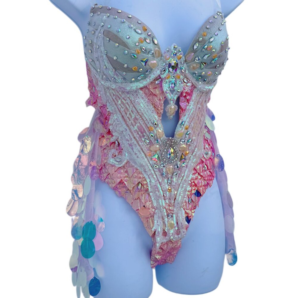 Iridescent Orange Dragon Scale Monokini Bodysuit Dress Dance Festival Costume - Picture 6 of 6